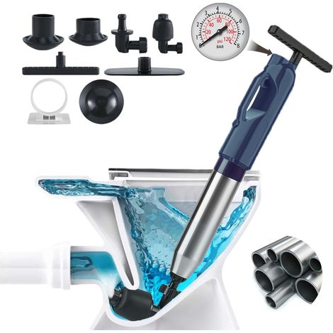 Déboucheur WC Ventouse Haute Pression avec Baromètre, 3 Têtes de Piston et Gonfleur pour Évier, Baignoire, Douche, 4 Accessoires Complet pour Dégorgement Éfficient (2e, bleu) (1/5)