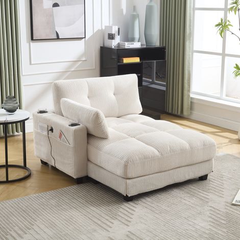 Fauteuil salon velours beige USB porte gobelets 140 OKMYHOME (1/5)