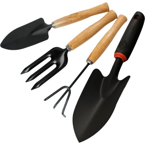 Ensemble D'outils de Jardinage 4pcs Manches Ergonomiques en Bois, Râteaux et Pelles en Acier Inoxydable Résistants pour Jardin Extérieur et Balcon (1/5)