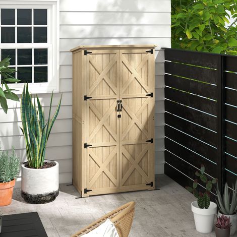Armoire de stockage extérieur 90x54,5x161/168,5 cm, cabanon en pin traité autoclave avec toiture bitumée imperméable, 2 tablettes, rangement pour outils et matériel