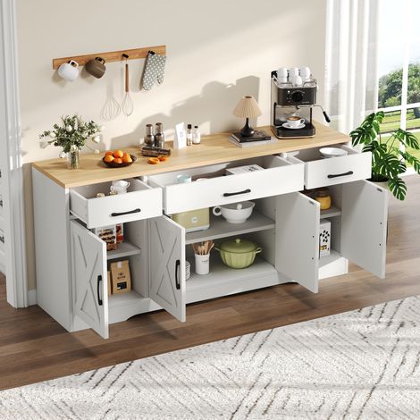 Aparador 160x37x75 cm blanco en MDF con 3 cajones, 4 puertas y tablero efecto madera (1/5)