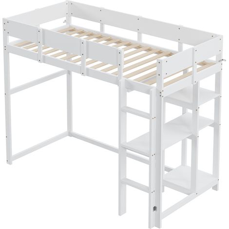 Lit mezzanine 90 x 200 cm blanc en bois avec sommier à lattes MODENUIT (1/5)