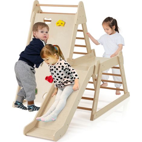 COSTWAY Toddlers 3-In 1 Jungle Gym Indoor Playground w/Extended Slide-Natural (1/5)