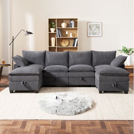 Divano angolare modulare con pouf, USB, vani portaoggetti e portabicchieri grigio DESVIAE (1/5)