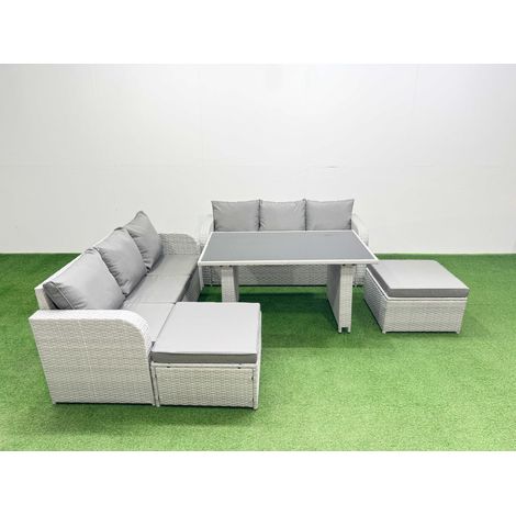 Fimous 8 Seater Rattan Outdoor Dining Table 3 Seater Sofa Set with 2 Big Stools Light Grey (1/4)