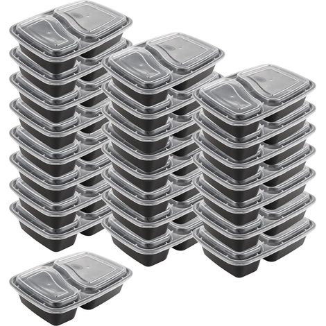 25 schwarze Kunststoff-Vorratsdosen, 1000 ml, 2 Fächer, BPA-frei, wiederverwendbar, mikrowellengeeignet, inklusive Deckel