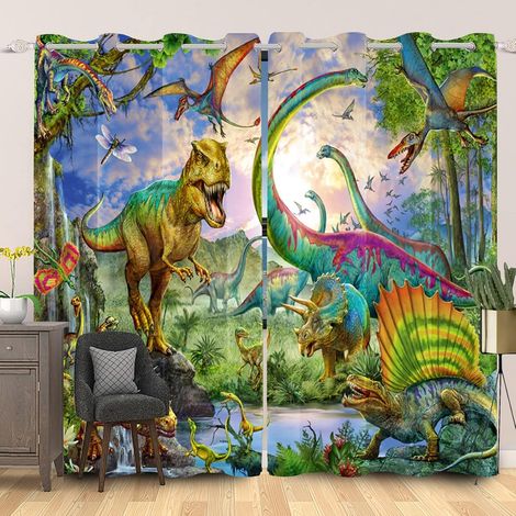 117 x 138 cm Dinosaur Window Curtain Ancient Wild Animal Grass Forest Wildlife Opaque Landscape for Children Living Room Bedroom 2 Panels (1/5)
