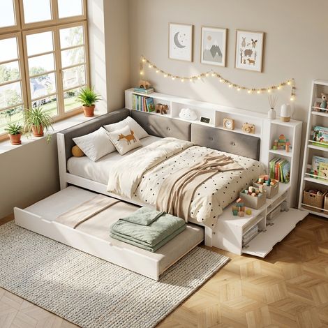 Lit gigogne 2 places 120 x 200 cm avec prise, rangements et banc coffre au pied, lit banquette rembourré avec couchage 90 x 190 cm, blanc et gris (1/5)