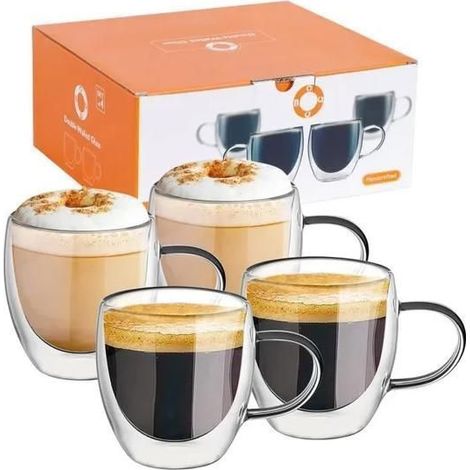 KLVGTIFS PULot de 4 tasses à café en verre borosilicate transparent isolé double paroi pour la maison, la cuisine, le bureau.150ml (1/5)