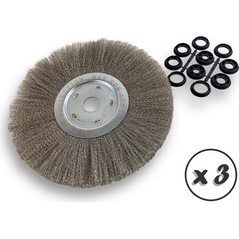 Lot de 3 brosses circulaires INOX  Ø 300 mm  Epaisseur 1 rang  Fil souple 0.20 mm ondulé  Alésage 32 mm + réducteur bague 25/22/20/16/12 mm  Touret affûteuse ponceuse  Kibros 211301IVx3 (1/5)