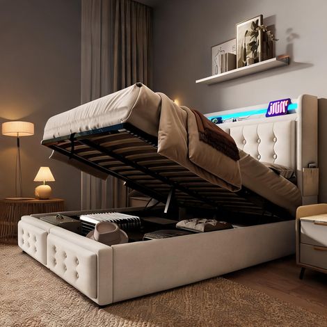 Tête de lit beige en coton lin 220 x 161 x 109 cm (1/5)