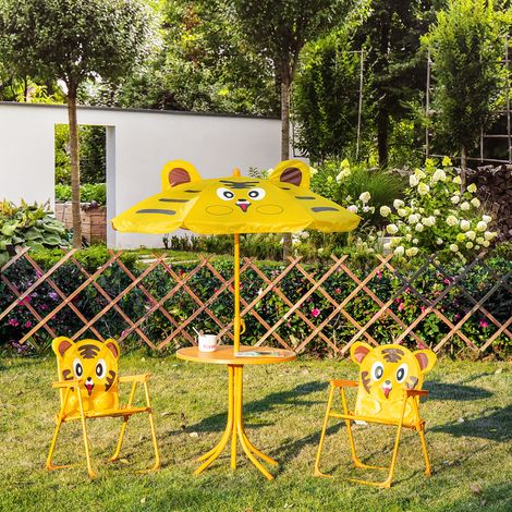 Outsunny 4-teiliges Kindergartenmöbel-Set mit Tigerdesign – Runder Tisch + 2 Klappstühle + Sonnenschirm – Gelbes Oxford-Epoxidharz-beschichtetes Metall