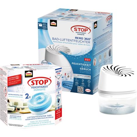 déshumidificateur pour la salle de bain et 3 recharges de 450 g, réduit l'humidité et les mauvaises odeurs, appareil avec 3 recharges, Blanc Crème (1/3)