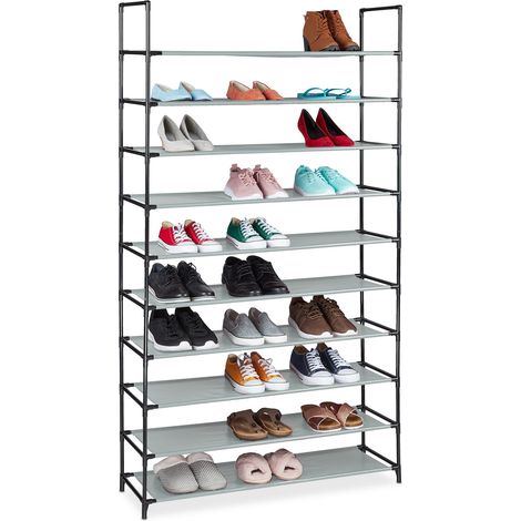Relaxdays XXL Schuhregal Stecksystem, 10 Ebenen, für 50 Paar Schuhe, Stoff Schuhständer HBT 176,5x99x29,5 cm, grau