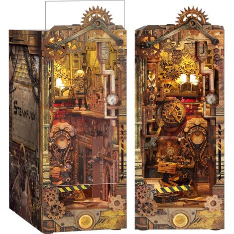 Book Nook - DIY Maison de Poupée Miniature Booknook Kit avec Housse de Protection - Serre-Livres Bibliothèque Insert Décor avec Lumière LED - Steampunk 3D Puzzles en Bois Cadeau pour Adultes (1/5)