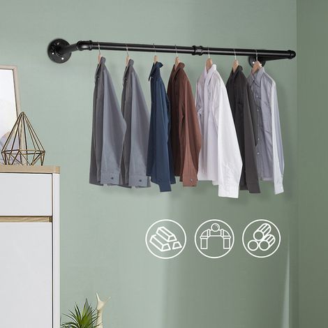 Portemanteau mural, Barres de suspension pour vêtements en tuyaux industriels,92 x 25 cm, capacité de 65 kg, installation facile, pour espace réduit, Noir (1/5)