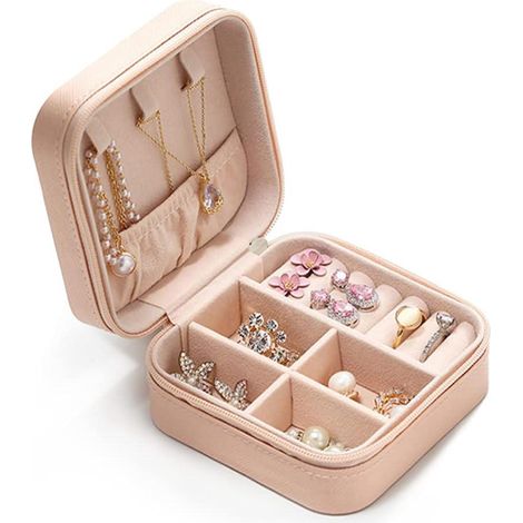 Mini boîte à bijoux pour femme (rose, bijoux non inclus), boîte de rangement portable pour bagues, boucles d'oreilles et colliers (1/5)