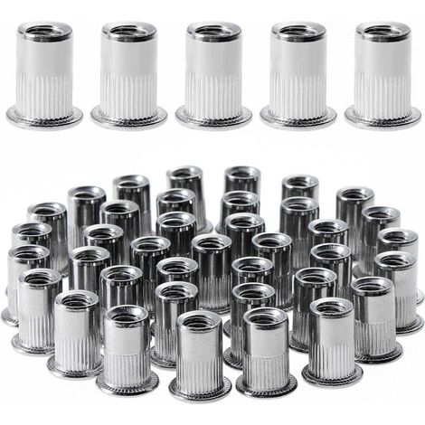 100pcs M6 Flat Head Threaded Rivet Nuts, Stainless Steel Threaded Rivet Nuts, Threaded Inserts for Plastic (12mm15mm)