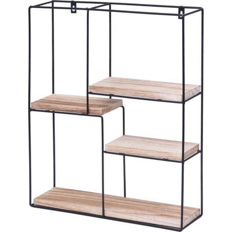 Étagère murale HWC-K76 - Étagère suspendue Étagère flottante - 4 étagères Métal Bois massif Industriel 51x40x11cm - naturel (1/5)