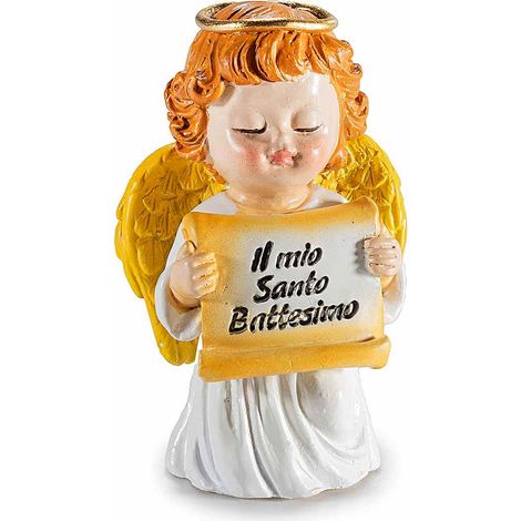 Décorations angelots en résine avec parchemin Il mio Santo Battesimo, lot de 12, 3,5 x 2,5 x H. 5,5 cm