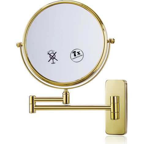 Miroir de maquillage mural grossissant x7, pivotant et extensible, idéal pour la salle de bain, l'hôtel ou la maison, finition or brillant. (1/5)