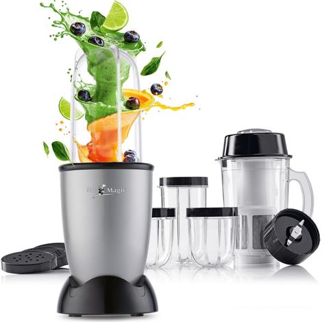GOURMETmaxx Mr. Magic Blender  Smoothie Maker con confezione di accessori XXL  Frullatore da 18 pezzi  Frullatore con coperchi a tenuta stagna  Food Processor per frullati, smoothie, ecc. (1/5)