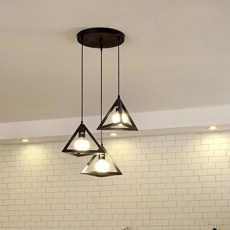 Pendelleuchte Dreieck, 3 Flammig Kreative Kronleuchter im Industri Stil, Hängelampe mit Metall Käfig E27 Lampenfassung für Wohnzimmer Esszimmer (Schwarz) (1/4)