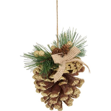 Decorazione da appendere a forma di abete con pigna e fiocco dorato glitterato, 13 cm - Atmosphera créateur d'intérieur (1/2)