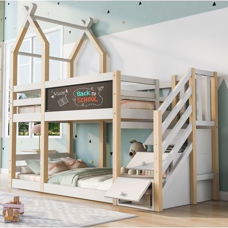 FLORAGRACE Lits superposés enfants 90x200 cm en bois blanc, lit cabane design maison d'arbre avec tableau, escalier de rangement (1/5)