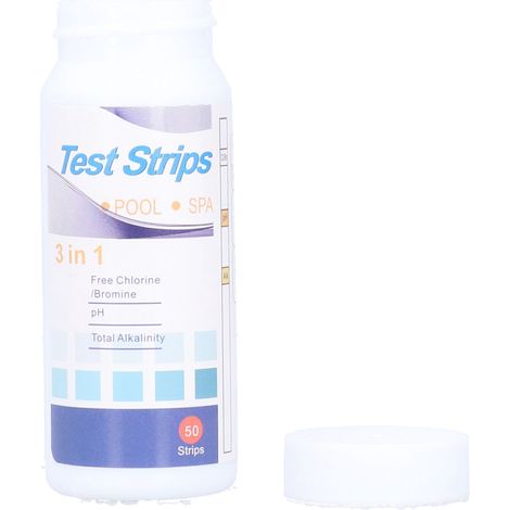 50 bandelettes de test d'eau 3 en 1 pour spas et piscines (sans chlore/brome, pH et alcalinité). (1/5)
