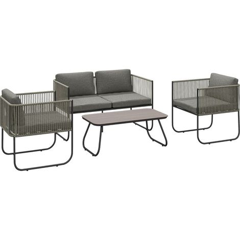 Ensemble de mobilier de jardin en polyrotin, salon de jardin avec canapé, fauteuil, table et coussins, résistant aux intempéries, 116 x 60 x 69 cm, marron et gris foncé (1/3)
