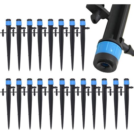 20 pièces Goutteurs d'Irrigation Réglables à 360°, avec Connecteur Barb et Support pour Tuyau 4/7mm, pour Serre et Plantes en Pot, Bleu, 13cm (1/5)