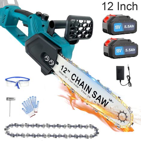 Teetok – Tronçonneuse à batterie 12 pouces – Moteur sans balais – Vitesse de chaîne 13 pieds/s – 2 batteries 5,5Ah – Graisseur automatique