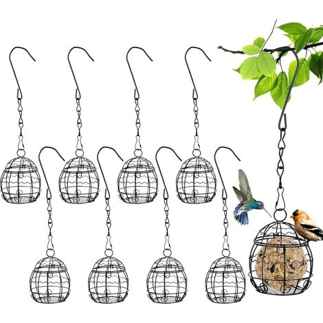 Ensemble de 8 mangeoires suspendues pour oiseaux avec couvercle à charnière, station d'alimentation en métal, support pour boule de suif de Ø7,5 cm, noir.-AquaForge (1/5)