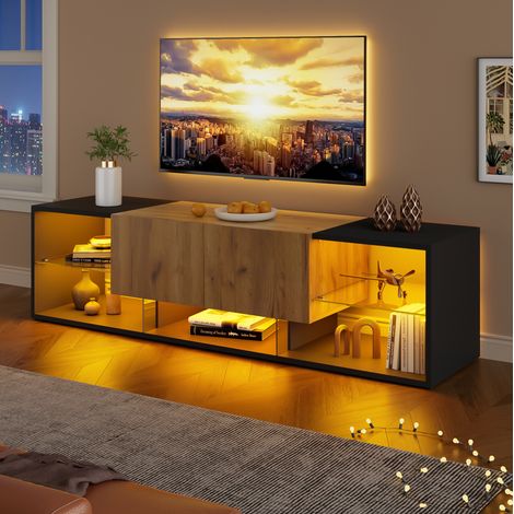 Meuble TV 160 cm avec LED et 2 tiroirs, noir et naturel, pour hôtel et appartement (1/5)