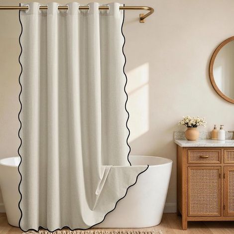 Rideau de douche sans crochets avec bordure coquillage – Beige, motif dentelle éventail et texture lin – Lavable, épais et lesté – Convient pour salle de bain et baignoire – 180 × 180 cm – Beige (1/5)