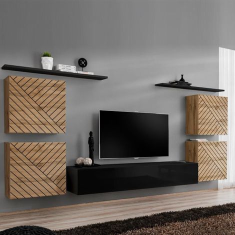 Ensemble Meuble TV "Switch Lamel IV" 320cm Noir & Naturel (1/5)