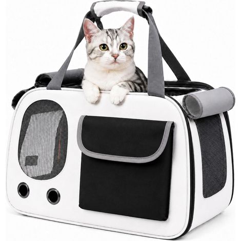 Sac de transport pour chat - Tissu Oxford respirant - Pliable, large ouverture - Protection solaire et contre le froid - 45 x 26 x 28 cm -Noir et blanc (1/5)