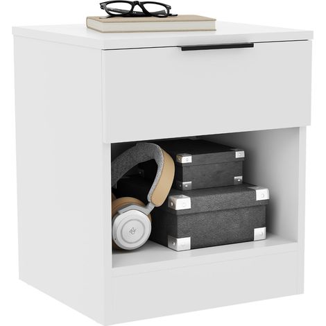 Trega 1 Drawer Bedside Table Nightstand Bedroom Storage, H 41 x W 39 x D 28 cm, White