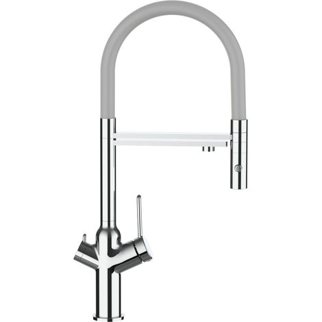 Rubinetto 3 vie miscelatore cucina cromato con canale separato per acqua filtrata, canna grigia movibile e doccia due getti staccabile - serie BOD (1/5)