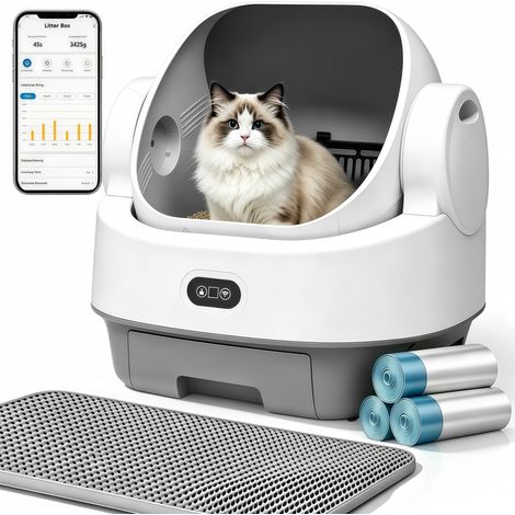 Litiere pour Chat Autonettoyante - Bac à Litiere Automatique Ouvert Contrôle par App - Poubelle de 9L, Tapis litiere Chat et 40 Sacs