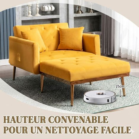 poltrona convertibile 165x90x77cm - schienale reclinabile (3 posizioni) con 2 cuscini - ideale per soggiorno, camera da letto e ufficio - velluto - giallo (1/5)