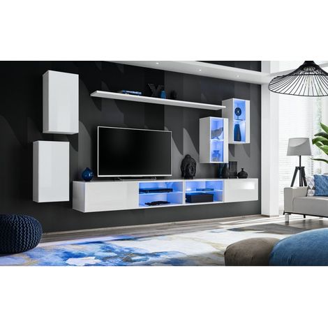 Ensemble meuble TV mural Switch XXV - L 280 x P 40 x H 140 cm - Blanc - Livraison gratuite