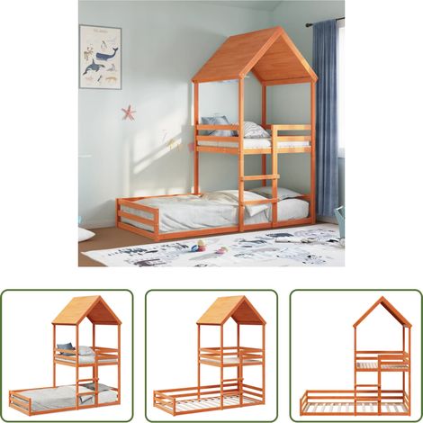 Etagenbett Kinderzimmer - Etagenbett mit Dach Wachsbraun 80x200 cm Massivholz Kiefer (1/5)