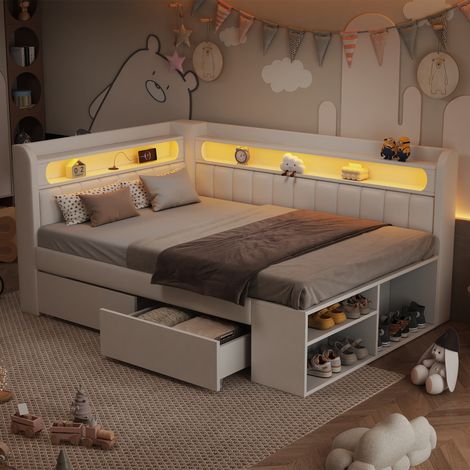 Sofá cama tapizado de 90x200cm con puerto USB y tira de luz LED, incluye un zapatero y dos cajones, color blanco. (1/5)