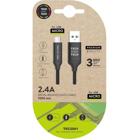 Cable Negro Braided Nylon USB-A a Micro USB 1m 2 Tech One Tech