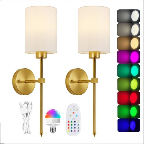 Lot de 2 appliques murales dorées avec télécommande et ampoule rechargeable, lumière colorée, convient pour hôtel, couloir (1/5)