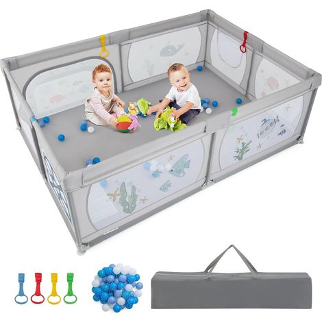 COSTWAY Parque Infantil Bebe, Parque para Bebés y Niños, Centro Actividad Estable y Atóxico, Parque Anticaída con Pelotas, Red Transpirable y Cremallera Duradera (Gris, océano) (1/5)