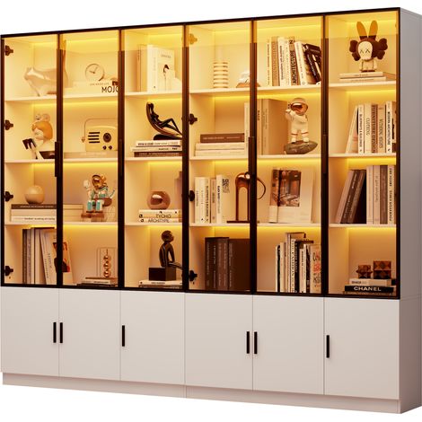 Vitrine blanche, 240x32x200 cm, 12 portes, éclairage LED, armoire haute multifonction pour salon ou grand espace (1/5)