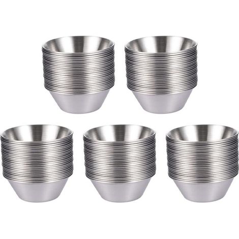 Paquete de 120 vasos de acero inoxidable para salsa, vasos redondos reutilizables de 50 ml para condimentos, vasos individuales de metal para salsa. (1/4)